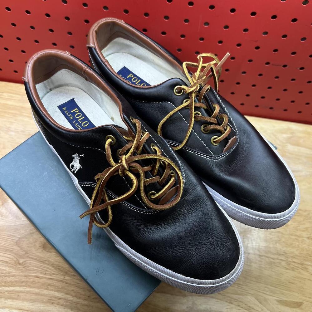 POLO RALPH LAUREN VAUGHN - MENS 9.5D - BLACK / BROWN LEATHER BOAT SHOE